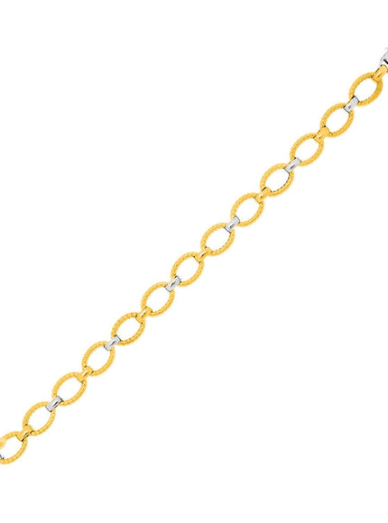 14k Two-Tone Gold Chain Bracelet with Textured Oval Links - Ellie Belle