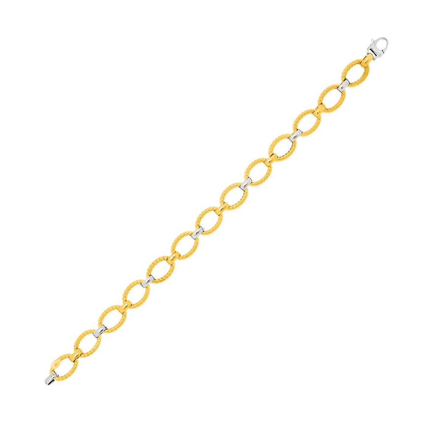 14k Two-Tone Gold Chain Bracelet with Textured Oval Links - Ellie Belle