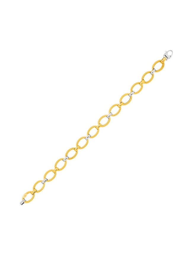 14k Two-Tone Gold Chain Bracelet with Textured Oval Links - Ellie Belle