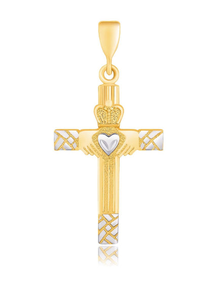 14k Two-Tone Gold Cross Pendant with a Claddagh Motif - Ellie Belle