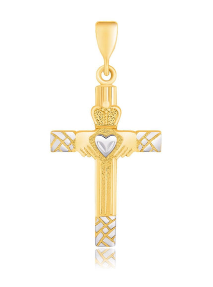 14k Two-Tone Gold Cross Pendant with a Claddagh Motif - Ellie Belle