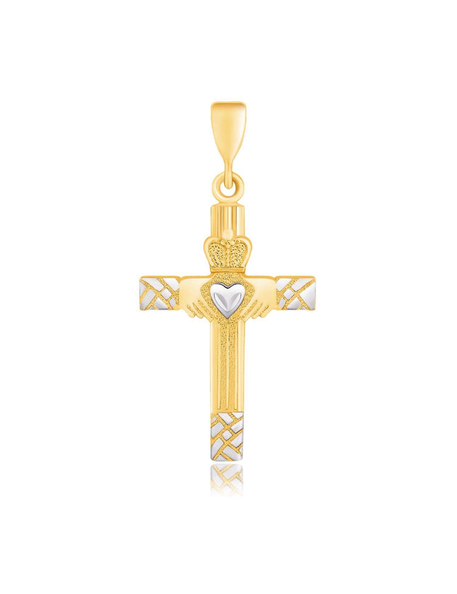 14k Two-Tone Gold Cross Pendant with a Claddagh Motif - Ellie Belle