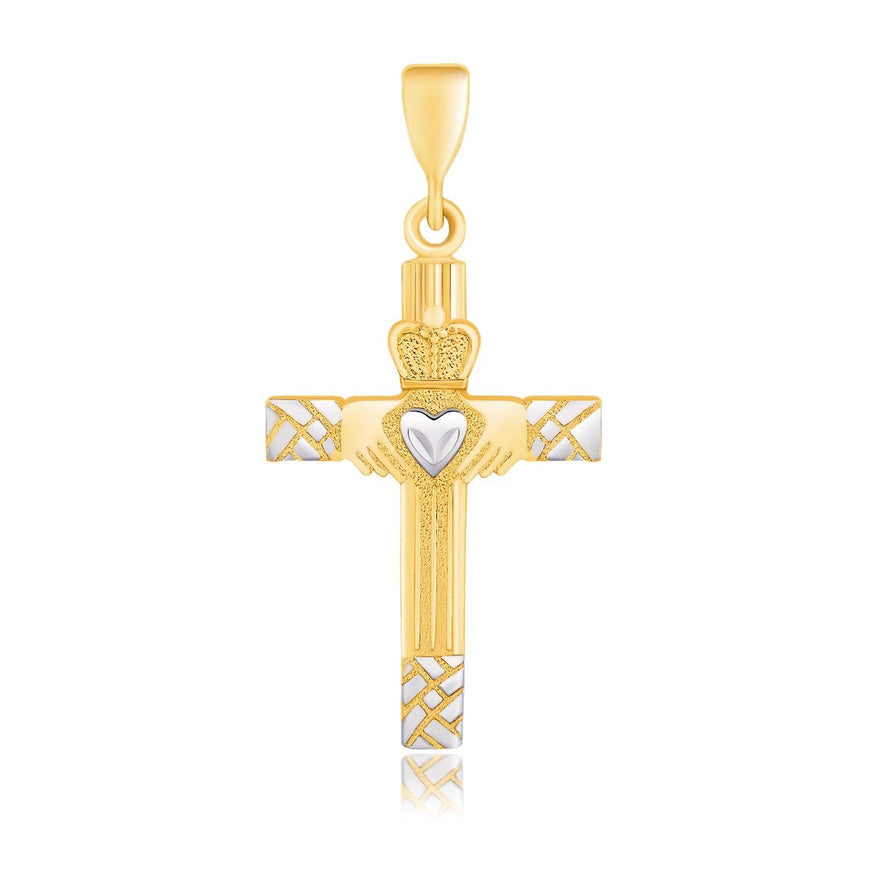 14k Two-Tone Gold Cross Pendant with a Claddagh Motif - Ellie Belle