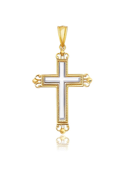 14k Two-Tone Gold Cross Pendant with an Ornate Budded Style - Ellie Belle