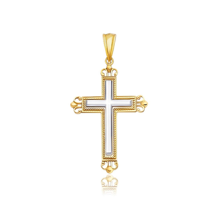 14k Two-Tone Gold Cross Pendant with an Ornate Budded Style - Ellie Belle