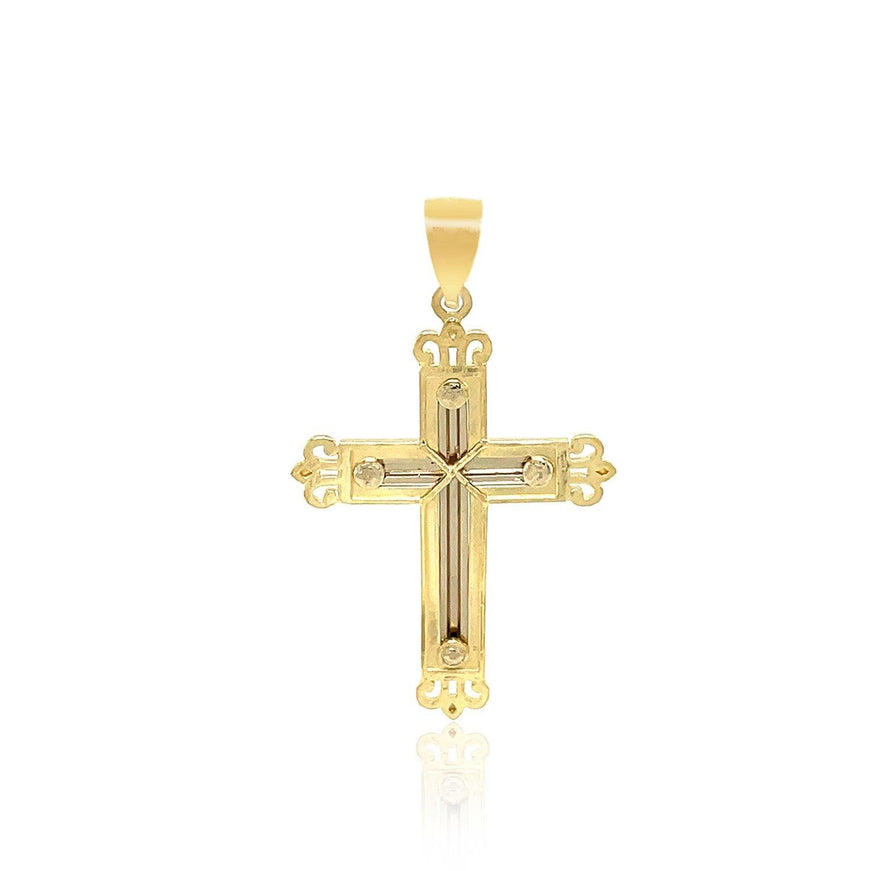 14k Two-Tone Gold Cross Pendant with an Ornate Budded Style - Ellie Belle