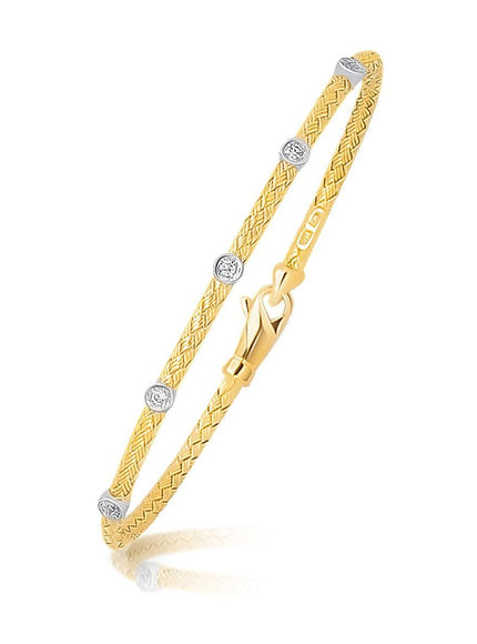 14k Two Tone Gold Diamond Accent Station Basket Weave Bracelet - Ellie Belle