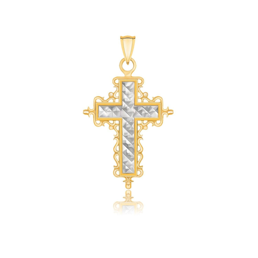 14k Two-Tone Gold Diamond Cut and Baroque Inspired Cross Pendant - Ellie Belle