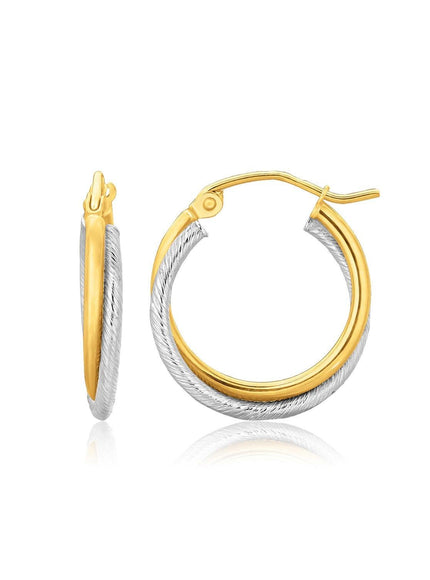 14k Two Tone Gold Double Polished and Textured Hoop Earrings - Ellie Belle