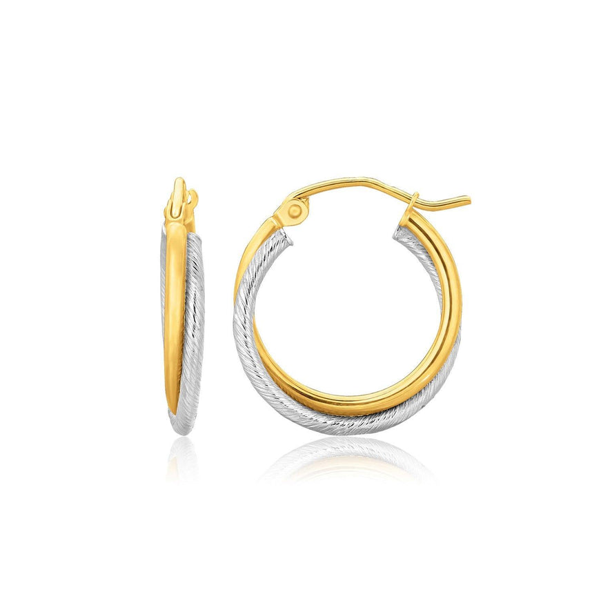 14k Two Tone Gold Double Polished and Textured Hoop Earrings - Ellie Belle