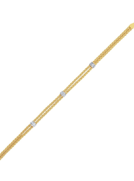 14k Two-Tone Gold Dual Wheat Chain Bracelet with Diamond Stations (.02 cttw) - Ellie Belle