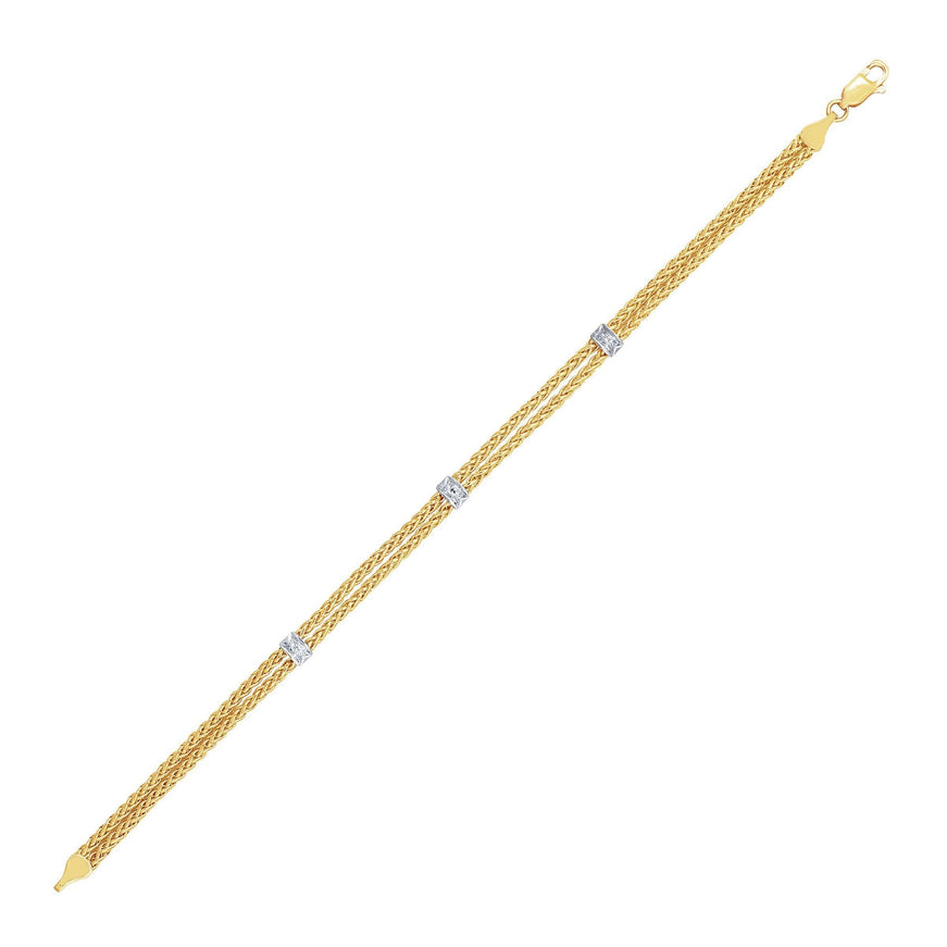 14k Two-Tone Gold Dual Wheat Chain Bracelet with Diamond Stations (.02 cttw) - Ellie Belle