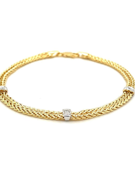 14k Two-Tone Gold Dual Wheat Chain Bracelet with Diamond Stations (.02 cttw) - Ellie Belle