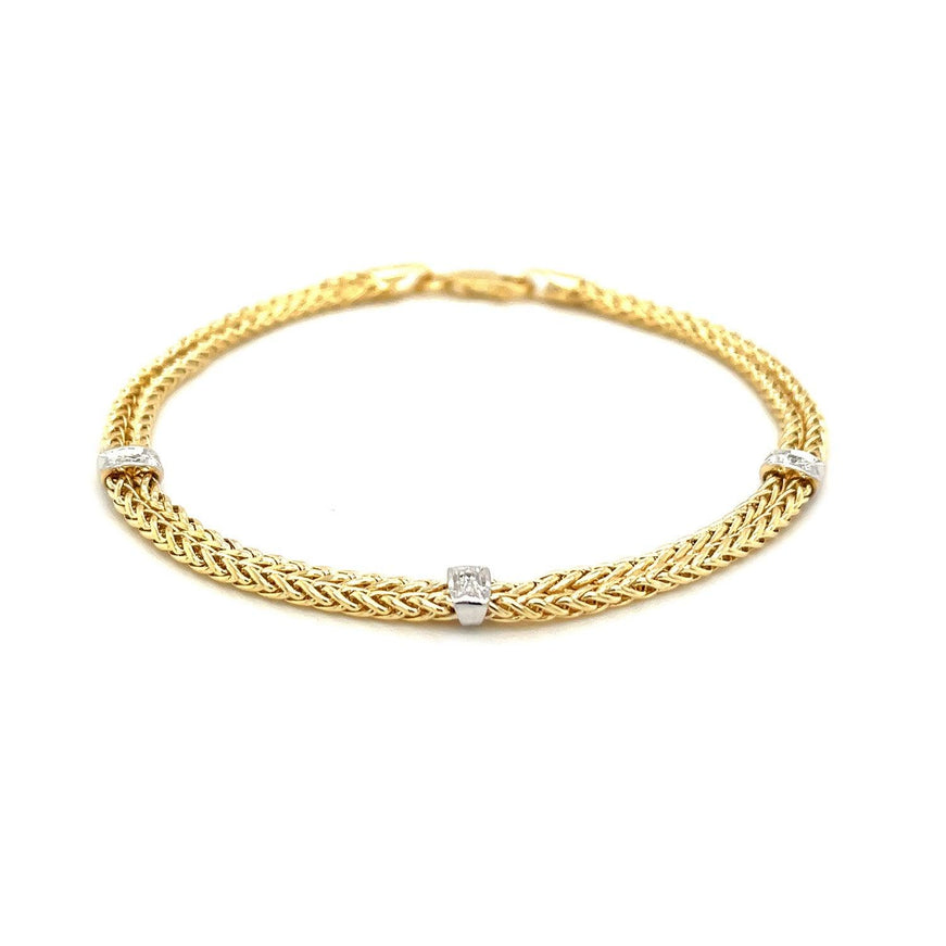 14k Two-Tone Gold Dual Wheat Chain Bracelet with Diamond Stations (.02 cttw) - Ellie Belle