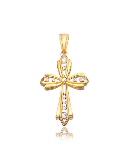 14k Two-Tone Gold Fancy Cross Pendant with Diamond Cuts - Ellie Belle
