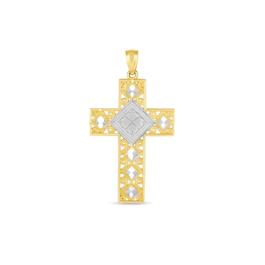 14k Two Tone Gold High Polish Diamond Cut Cross Pendant - Ellie Belle