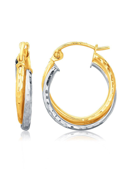 14k Two-Tone Gold Interlaced Hoop Earrings with Hammered Texture - Ellie Belle