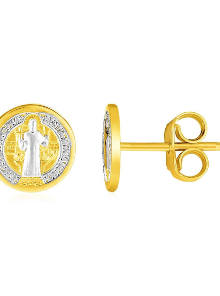 14k Two Tone Gold Round Religious Medal Post Earrings - Ellie Belle