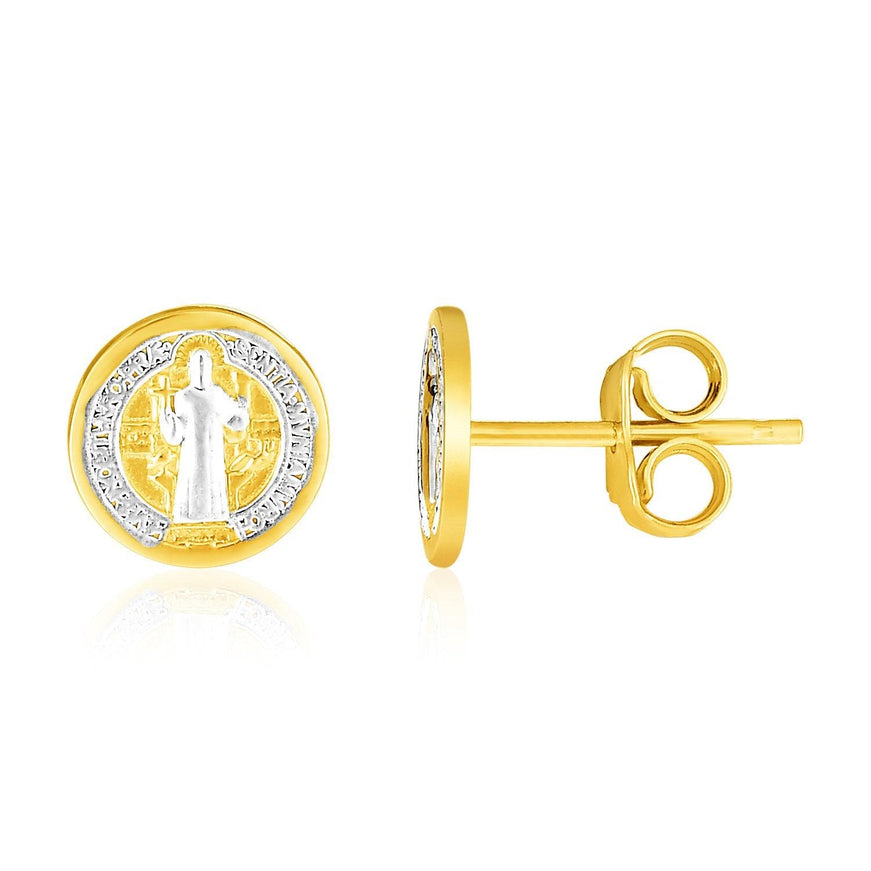 14k Two Tone Gold Round Religious Medallion Post Earrings - Ellie Belle