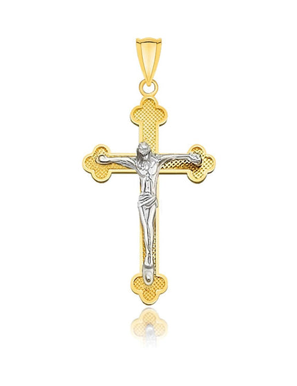 14k Two-Tone Gold Small Budded Style Cross with Figure Pendant - Ellie Belle