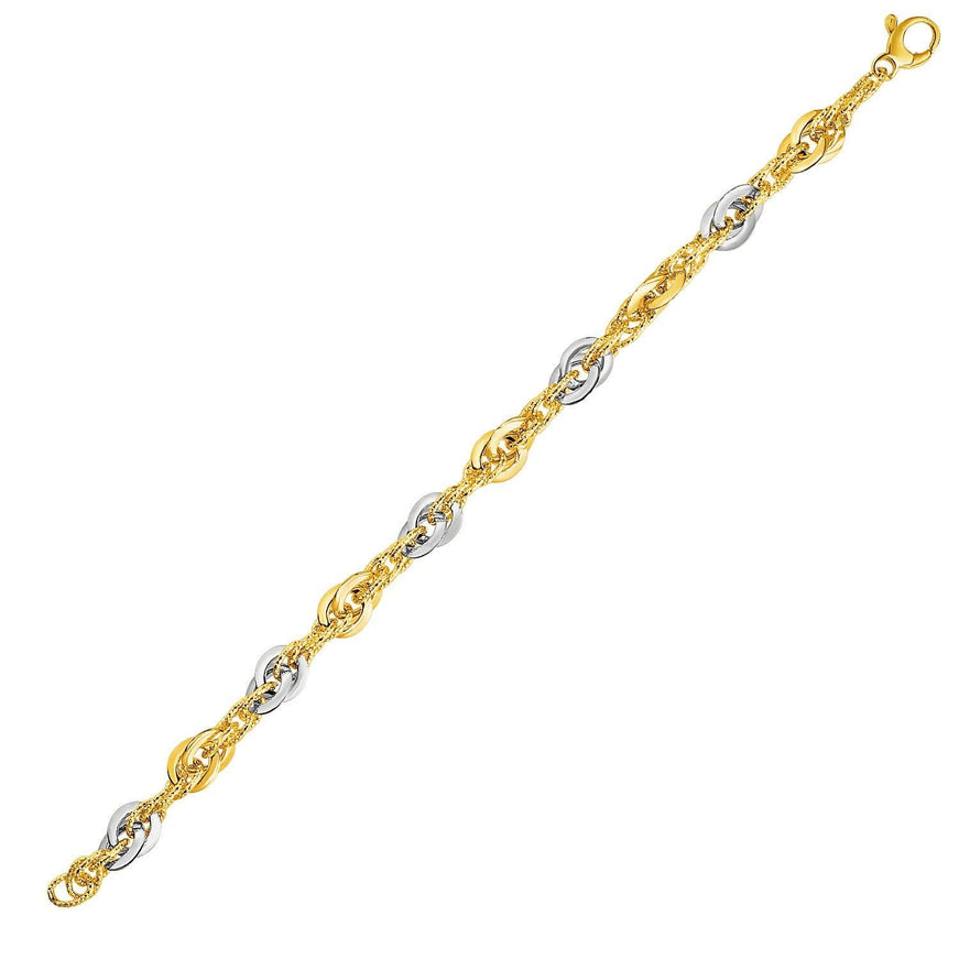 14k Two-Tone Yellow and White Gold Double Link Textured Bracelet - Ellie Belle