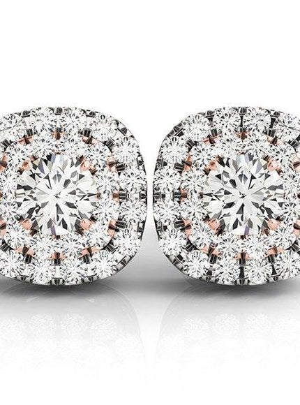 14k White and Rose Gold Cushion Shape Halo Diamond Earrings (3/4 cttw) - Ellie Belle