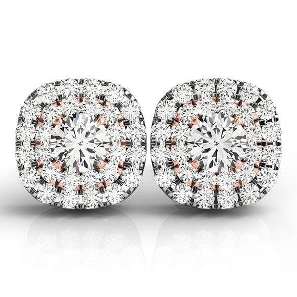 14k White and Rose Gold Cushion Shape Halo Diamond Earrings (3/4 cttw) - Ellie Belle