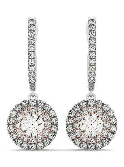 14k White And Rose Gold Drop Diamond Earrings with a Halo Design (3/4 cttw) - Ellie Belle