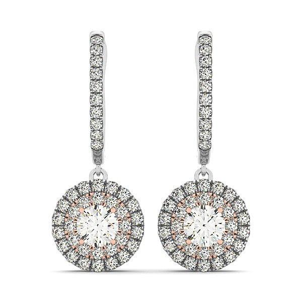 14k White And Rose Gold Drop Diamond Earrings with a Halo Design (3/4 cttw) - Ellie Belle