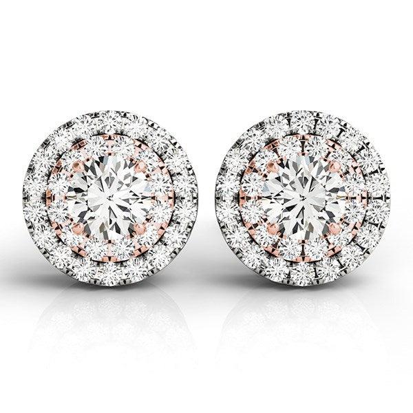 14k White and Rose Gold Round Halo Diamond Earrings (3/4 cttw) - Ellie Belle