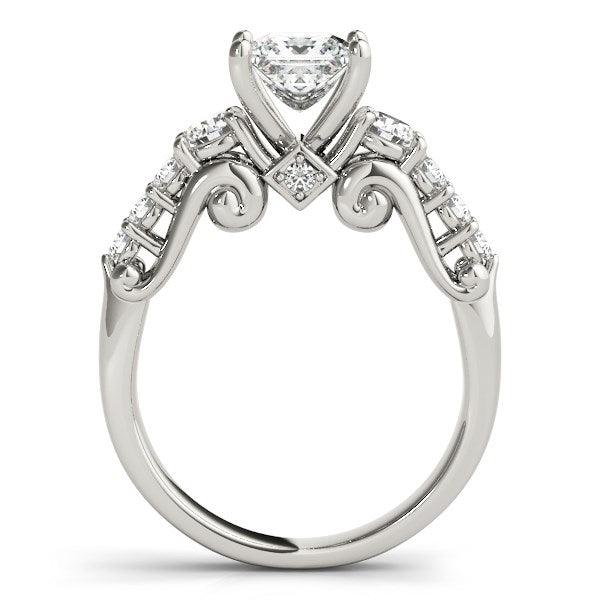 14k White Gold 3 Stone Antique Design Diamond Engagement Ring (1 3/4 cttw) - Ellie Belle