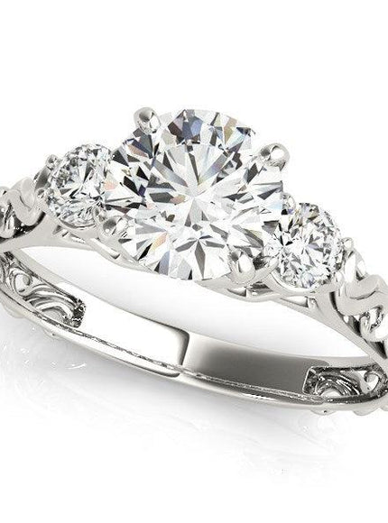 14k White Gold Antique Design 3 Stone Diamond Engagement Ring (1 3/4 cttw) - Ellie Belle