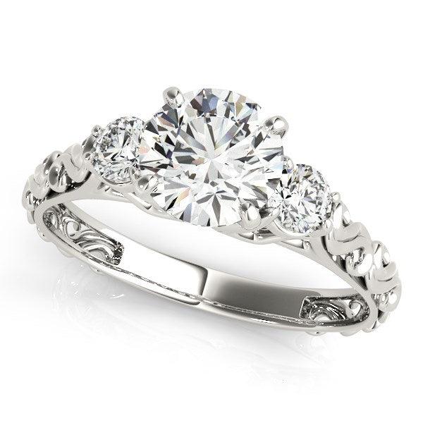 14k White Gold Antique Design 3 Stone Diamond Engagement Ring (1 3/4 cttw) - Ellie Belle