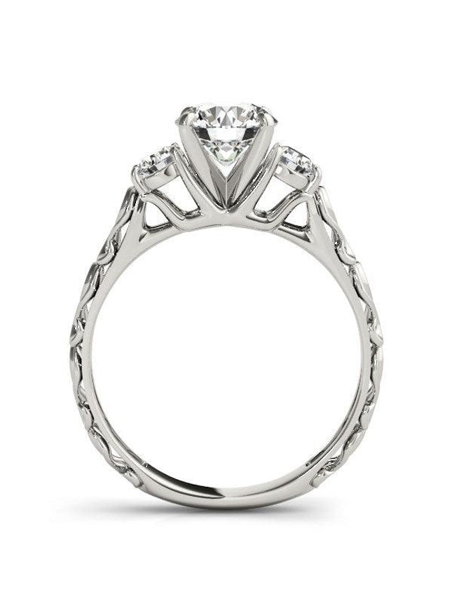 14k White Gold Antique Design 3 Stone Diamond Engagement Ring (1 3/4 cttw) - Ellie Belle
