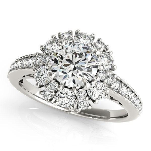 14k White Gold Antique Style Halo Round Diamond Engagement Ring (2 cttw) - Ellie Belle