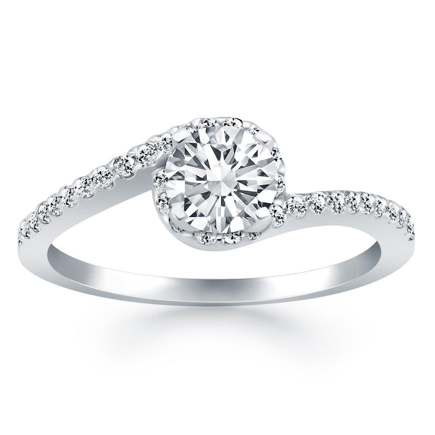 14k White Gold Bypass Swirl Diamond Halo Engagement Ring - Ellie Belle