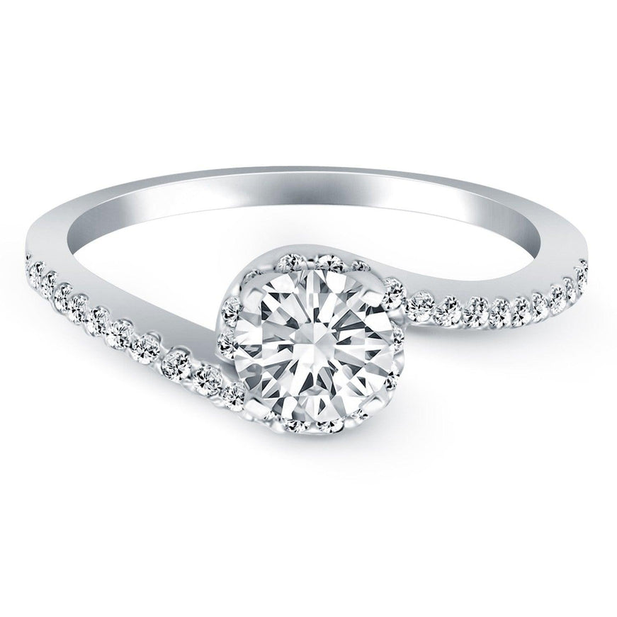 14k White Gold Bypass Swirl Diamond Halo Engagement Ring - Ellie Belle