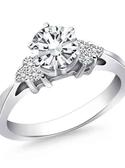 14k White Gold Cathedral Engagement Ring with Side Diamond Clusters - Ellie Belle