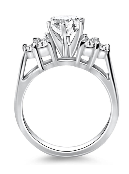 14k White Gold Cathedral Engagement Ring with Side Diamond Clusters - Ellie Belle