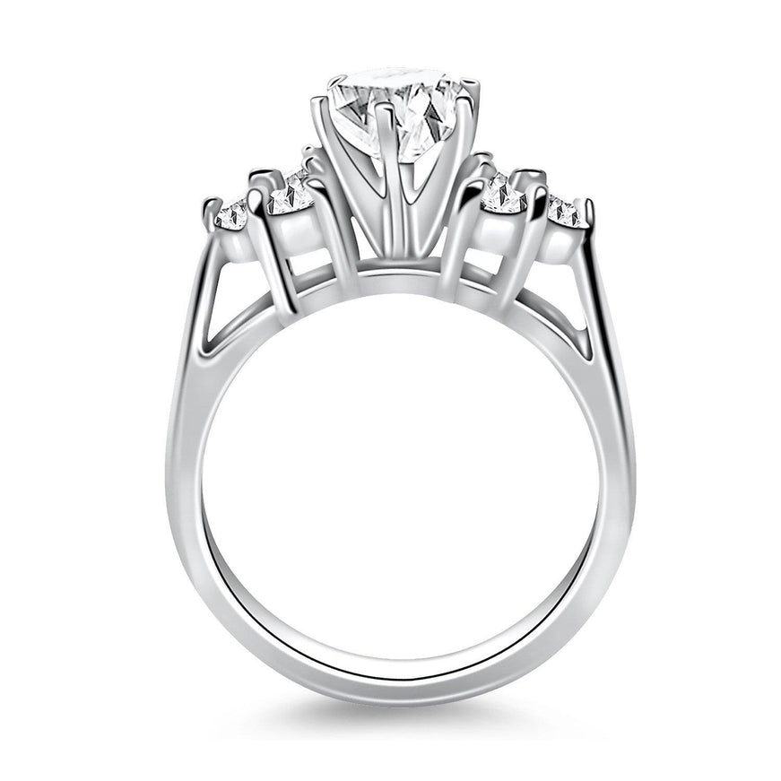 14k White Gold Cathedral Engagement Ring with Side Diamond Clusters - Ellie Belle