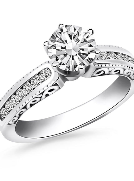 14k White Gold Channel Set Engagement Ring with Engraved Sides - Ellie Belle