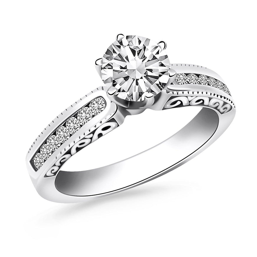 14k White Gold Channel Set Engagement Ring with Engraved Sides - Ellie Belle