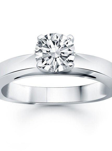 14k White Gold Classic Wide Band Cathedral Solitaire Engagement Ring - Ellie Belle