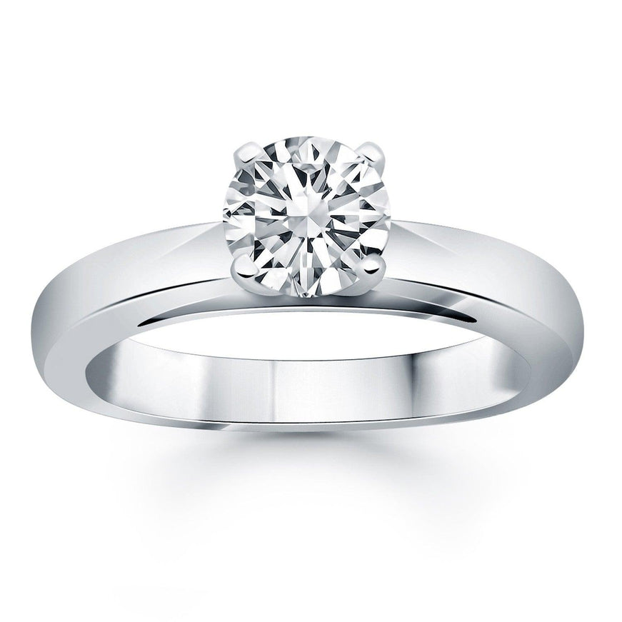 14k White Gold Classic Wide Band Cathedral Solitaire Engagement Ring - Ellie Belle