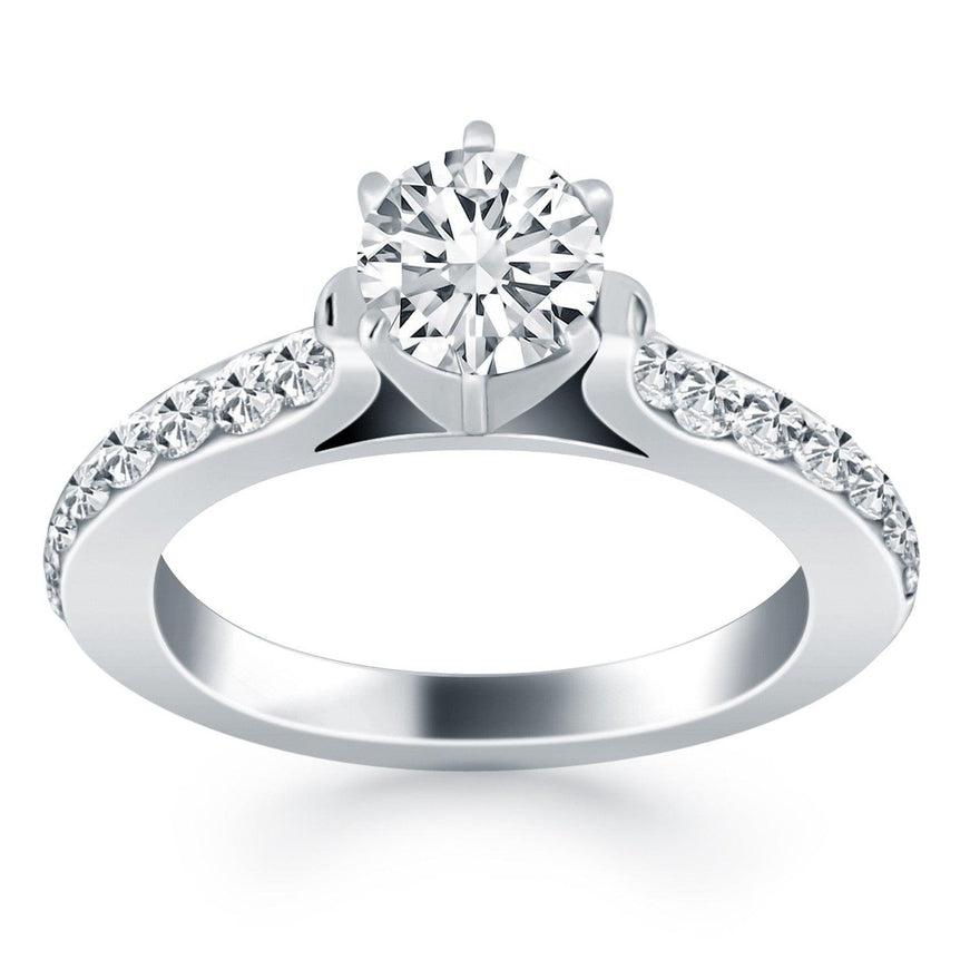 14k White Gold Curved Shank Engagement Ring with Pave Diamonds - Ellie Belle