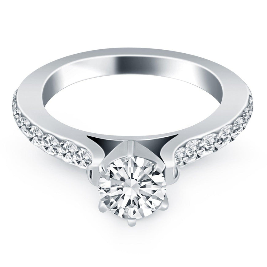 14k White Gold Curved Shank Engagement Ring with Pave Diamonds - Ellie Belle