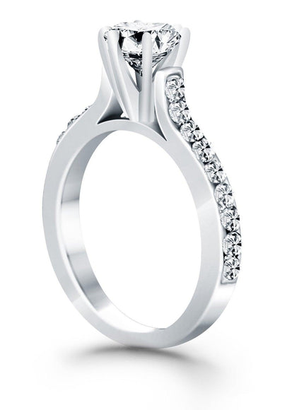 14k White Gold Curved Shank Engagement Ring with Pave Diamonds - Ellie Belle