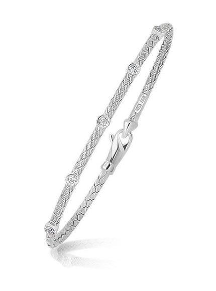 14k White Gold Diamond Accent Station Basket Weave Bracelet - Ellie Belle