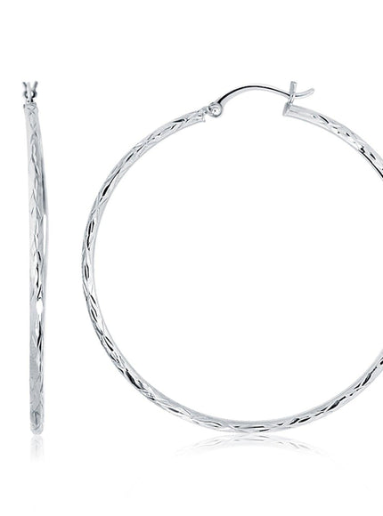 14k White Gold Diamond Cut Hoop Earrings (1 3/4 inch Diameter) - Ellie Belle