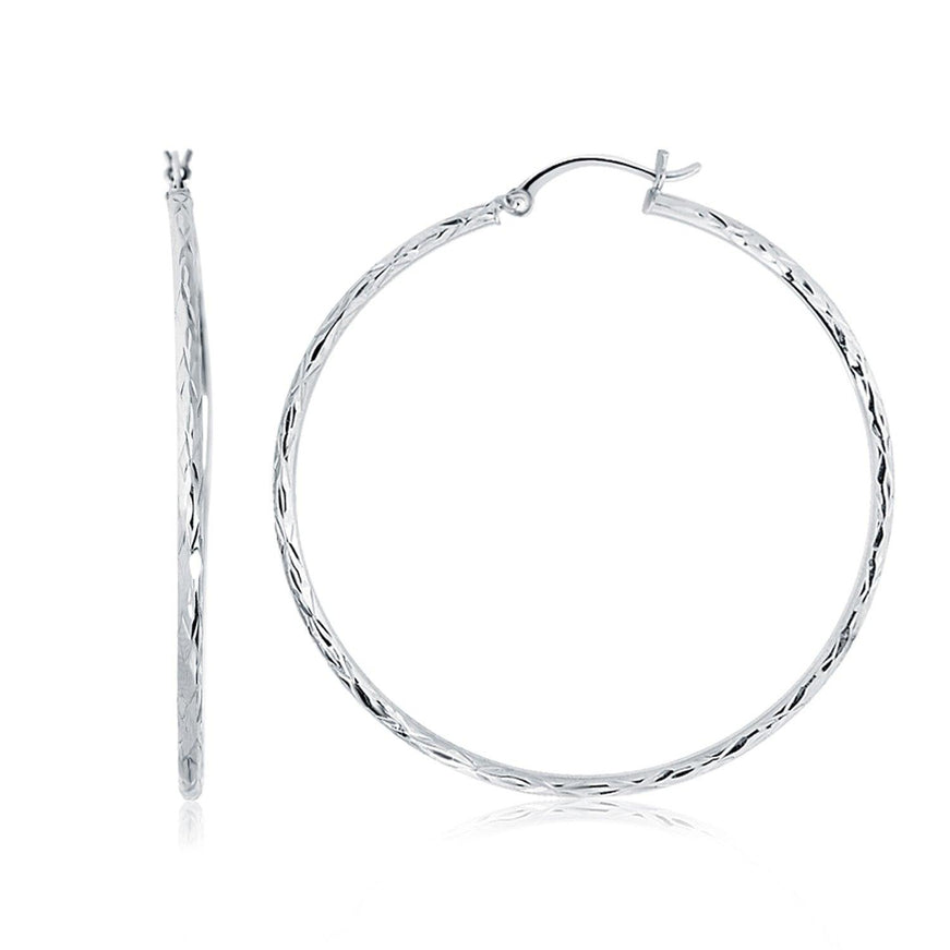 14k White Gold Diamond Cut Hoop Earrings (1 3/4 inch Diameter) - Ellie Belle